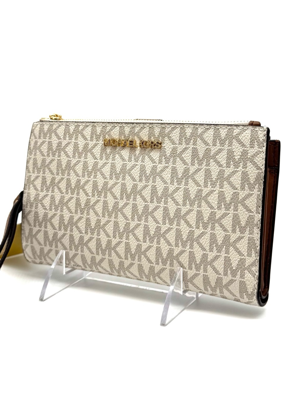Michael Kors Large Double Zip Wallet Wristlet Vanilla/Brown